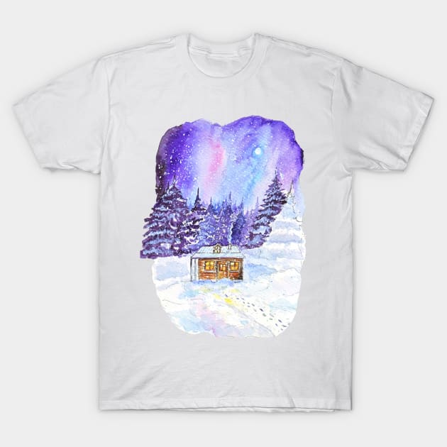 Snowy Night: Watercolor Winter Landscape with Cozy Cottage T-Shirt by Wolshebnaja